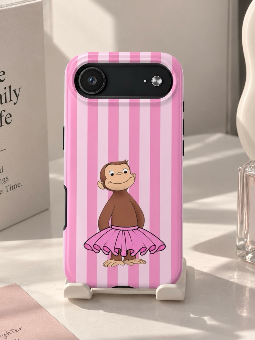 Curious George Pink Tutu Striped Balletcore Coquette Aesthetic tough phone case